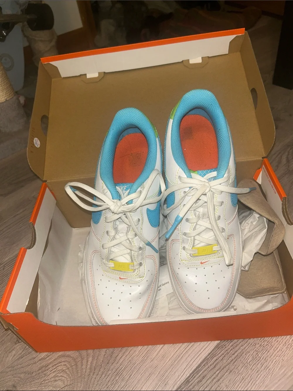 Nike Kids White Sneakers with Blue & Lime Accents
